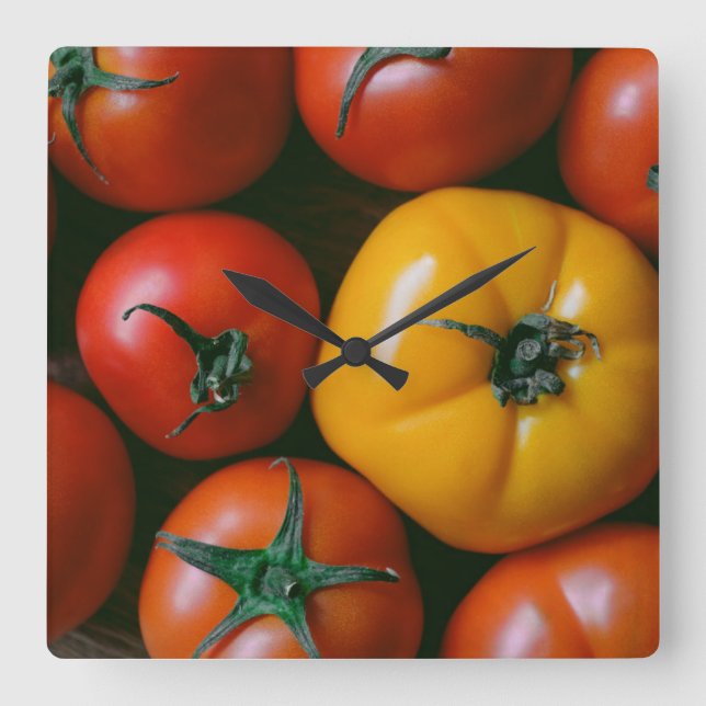 Farms | Shiny Red & Yellow Tomatoes Square Wall Clock (Front)