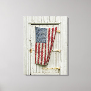 Farms   White Barn Door With American Flag Canvas Print