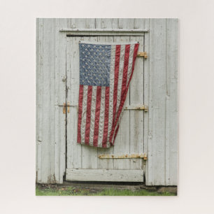 Farms White Barn Door With American Flag Jigsaw Puzzle