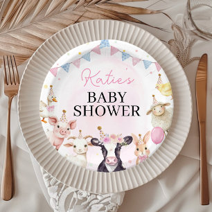 Farmyard Animals Pink Baby Shower Paper Plate