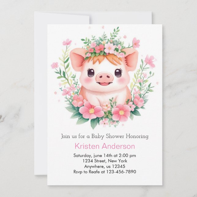 Farmyard Blissful Pink Piglet Girl Baby Shower Invitation (Front)