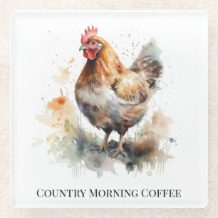 Farmyard Charm: Watercolor Chicken Art Glass Coaster