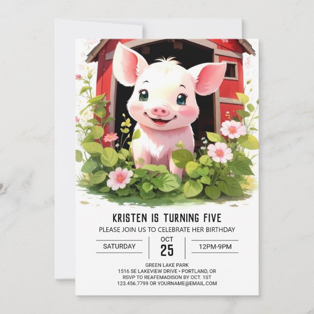 Farmyard Friends Piglet's Boho Girl Birthday Invitation (Front)