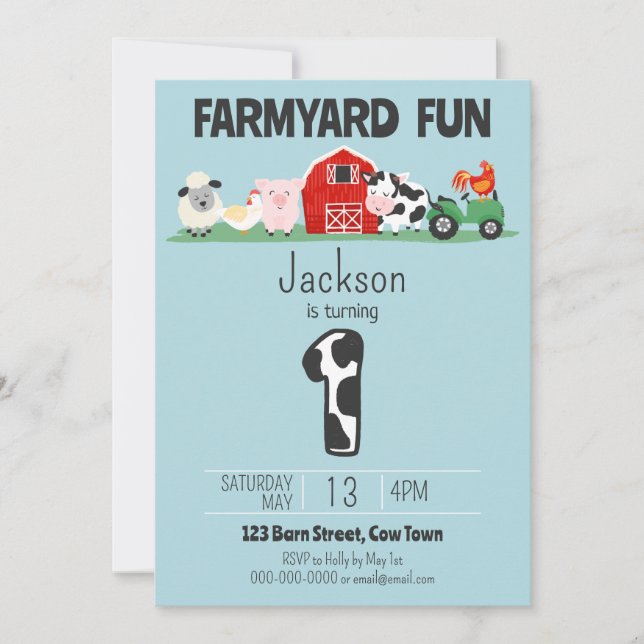 Farmyard Fun 1st Birthday Farm Animal Birthday Invitation (Front)