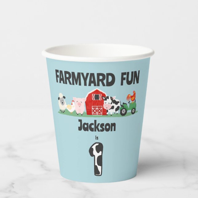 Farmyard Fun 1st Birthday Farm Animal Kids Paper Cups (Front)