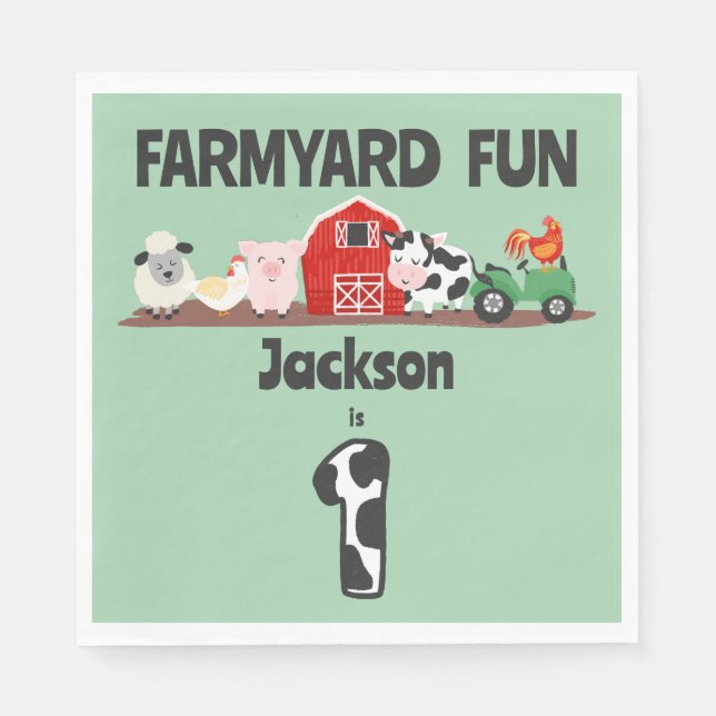Farmyard Fun 1st Birthday Farm Animal Kids Party Napkin (Front)