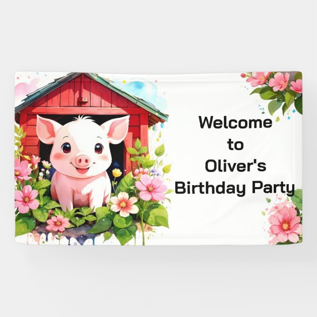 Farmyard Fun Cute Pink Pig Birthday Banner (Horizontal)