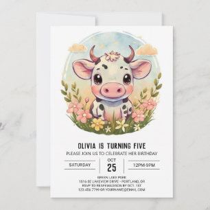 Farmyard Watercolor Elegant Cow Birthday Invitation