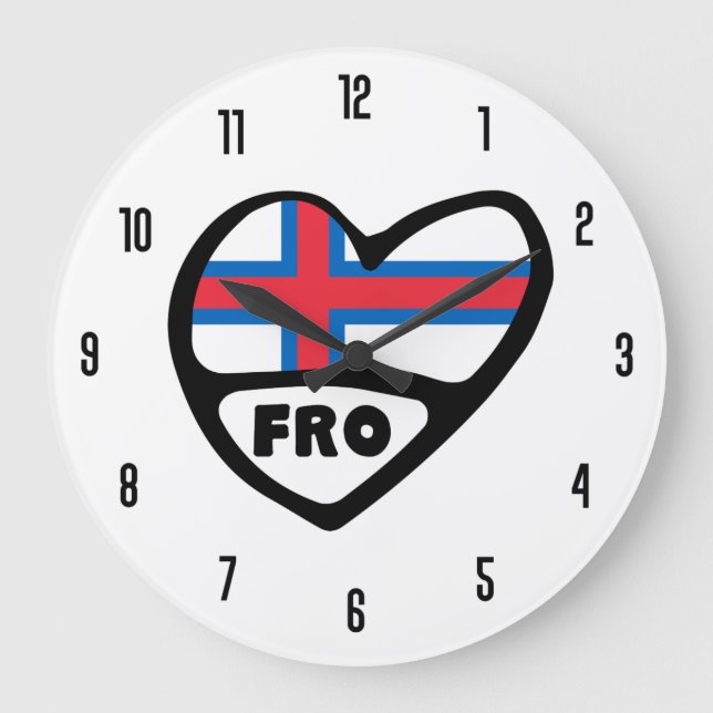Faroe Islands Country Code FRO Flag Heart Large Clock (Front)