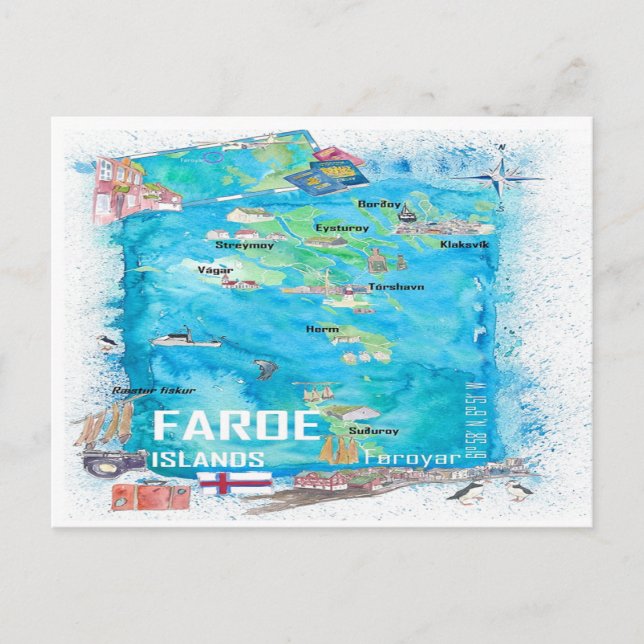 Faroe Islands Illustrated Travel Map  Postcard (Front)