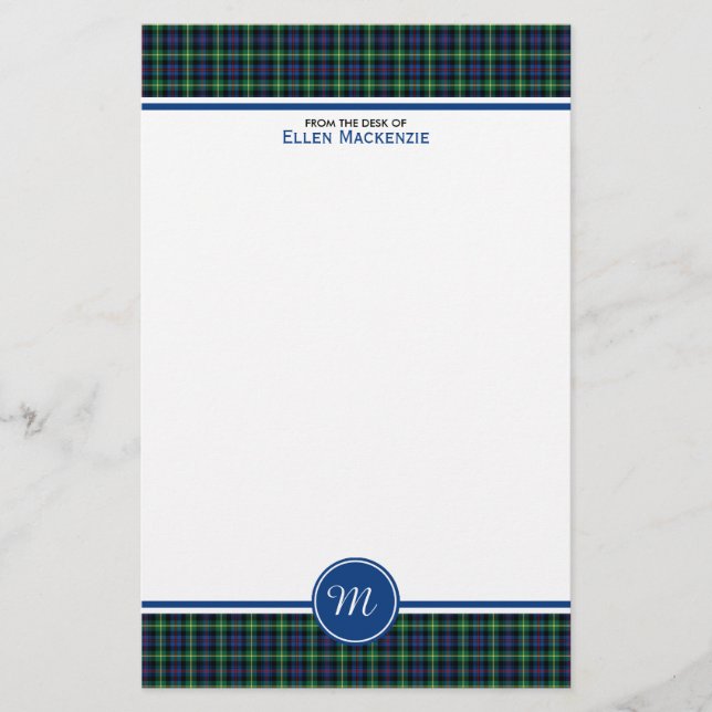 Farquharson Clan Blue and Green Tartan Monogram Stationery (Front)