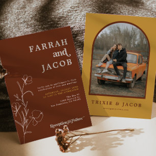 FARRAH Retro 70's Rust Floral Photo Wedding Invita Invitation