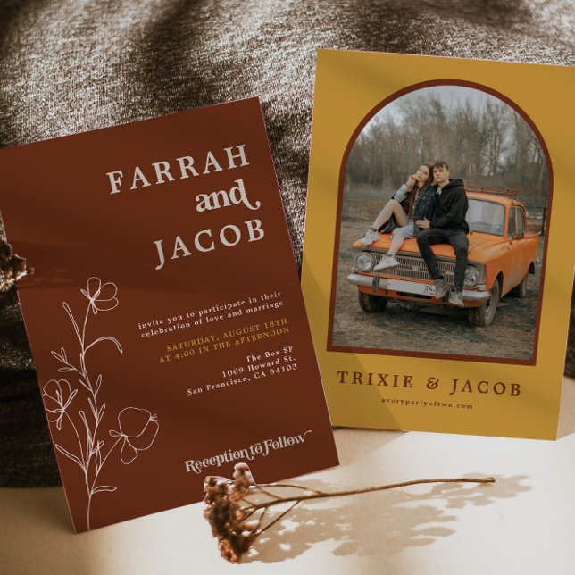 FARRAH Retro 70's Rust Floral Photo Wedding Invita Invitation (Creator Uploaded)