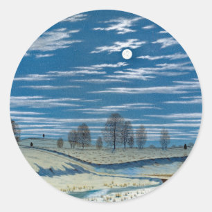Farrer Winter Scene in Moonlight Painting Classic Round Sticker