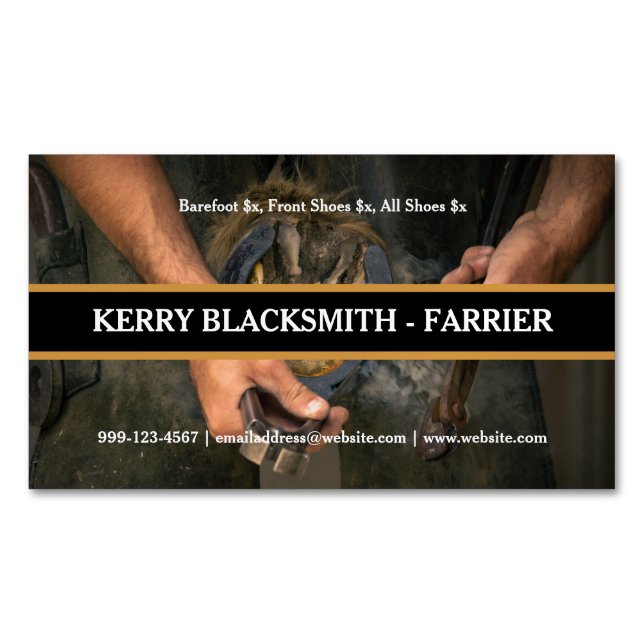 Farrier Blacksmith Horseshoeing Trimming Photo Magnetic Business Card (Front)