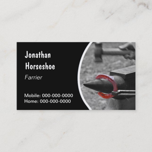 Farrier holding a hot horseshoe with pincers business card (Front)