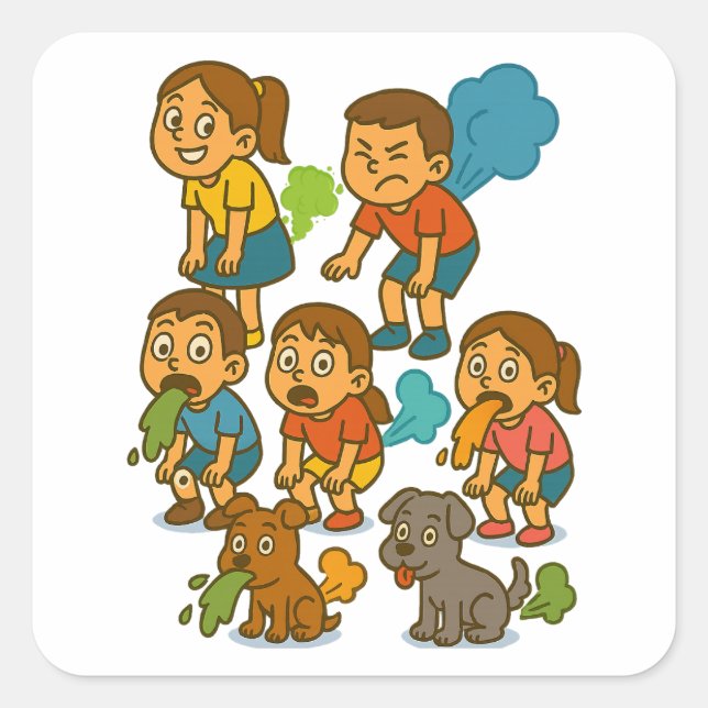 Fart Attack! Funny Kids & Dogs Gross Out Cartoon Square Sticker (Front)