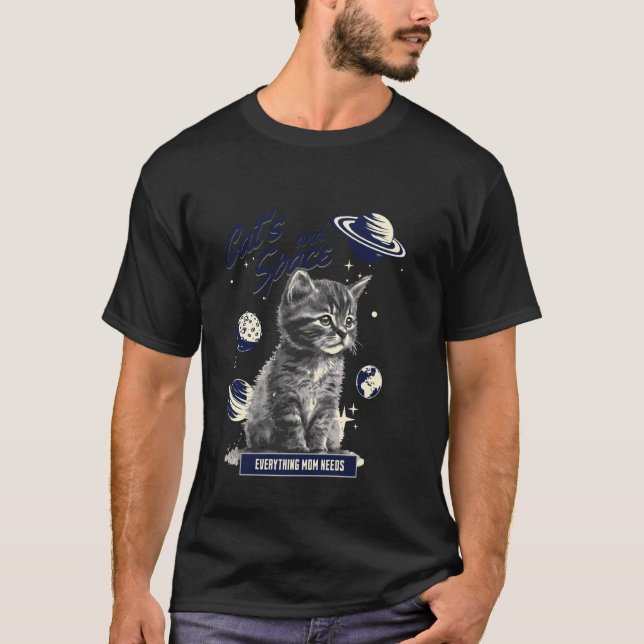 Fascinating Cat and Space Design T-Shirt (Front)
