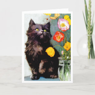 "FASCINATION" VINTAGE KITTEN & BUSY BEE GREETING CARD