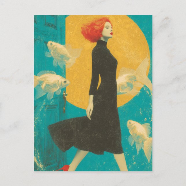 Fashion and Goldfish Red Hair Lady Black Dress Postcard (Front)