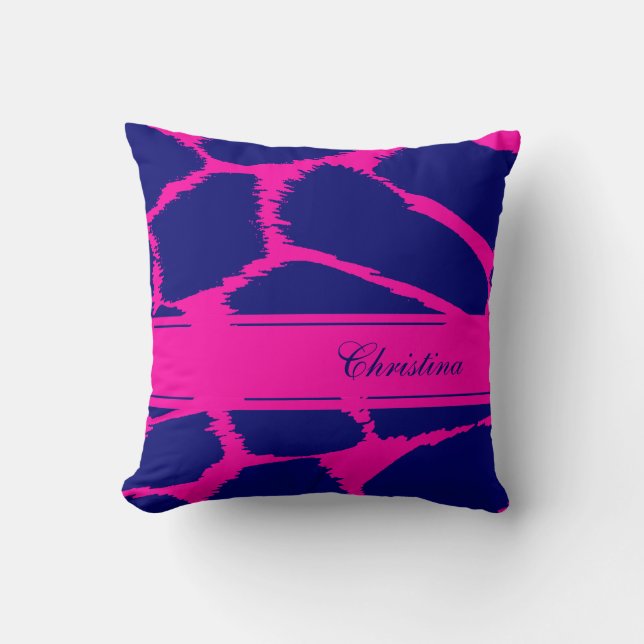 Fashion animal print pink & blue named pillow (Front)
