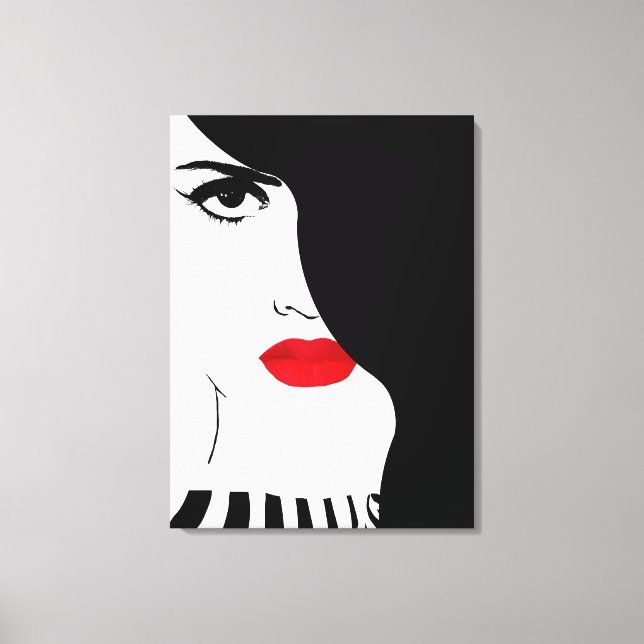 Fashion art, black white red lips woman canvas print (Front)