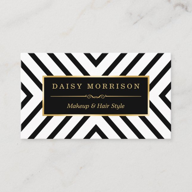 Fashion Beauty Gold Black White Line Pattern Business Card (Front)