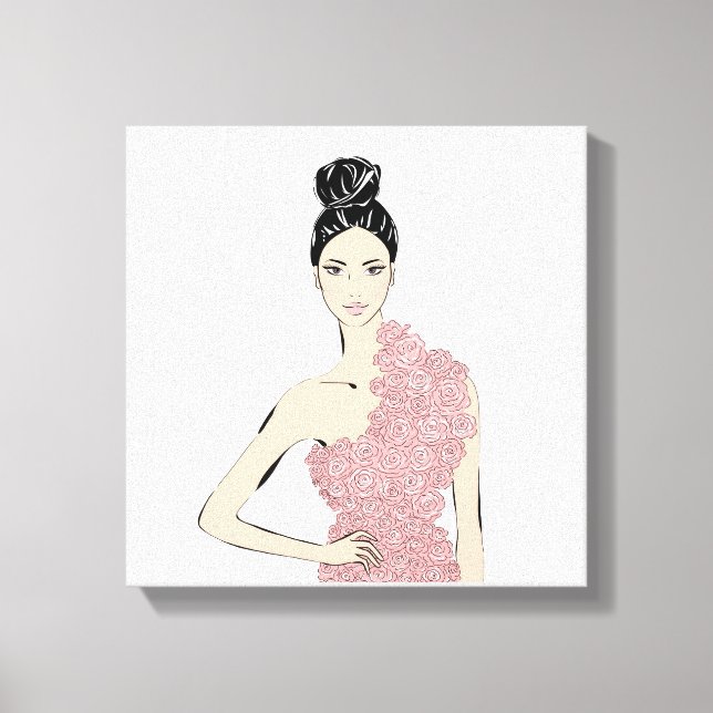 Fashion blonde girl in floral dress canvas print (Front)