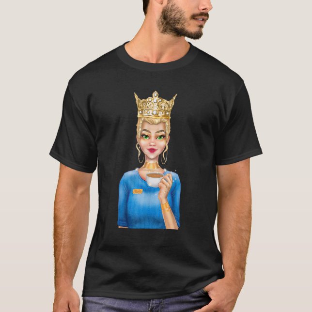 Fashion Blonde Queen Holding Cup of Coffee Hand Dr T-Shirt (Front)