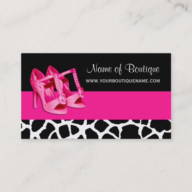 Fashion Boutique Giraffe Print Girly Pink Pumps Business Card (Front)