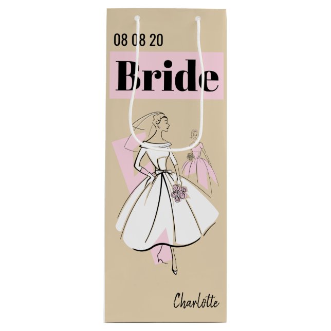 Fashion Bride Neutral Name Date wine Gift Bag (Front)