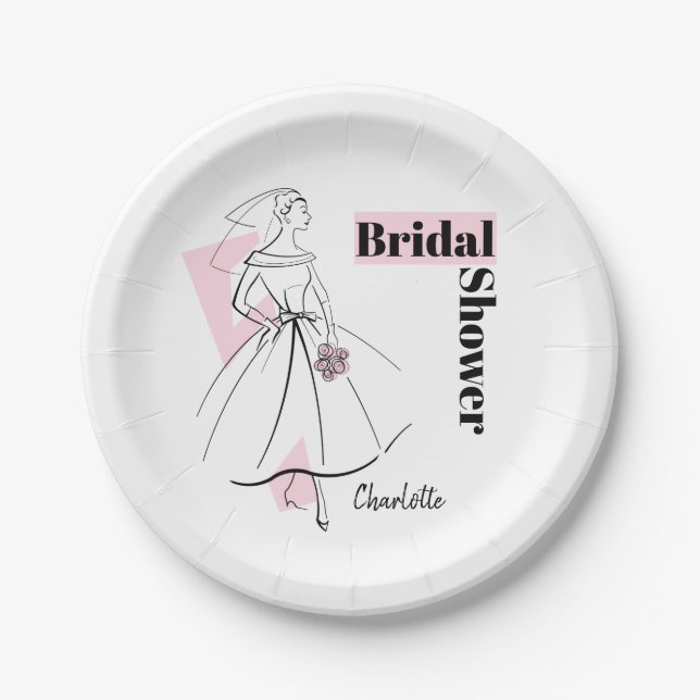 Fashion Bride Pink Bridal Shower Name paper plates (Front)