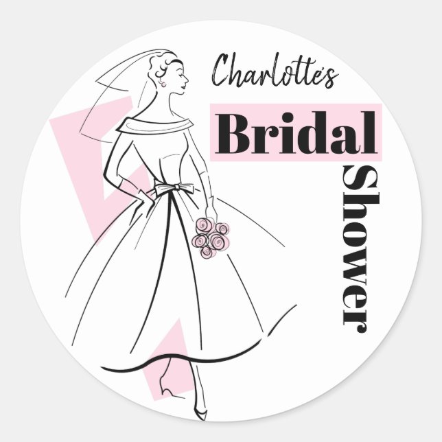 Fashion Bride Pink Bridal Shower Name round Classic Round Sticker (Front)