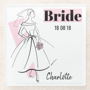 Fashion Bride Pink Bride Date Name coaster glass