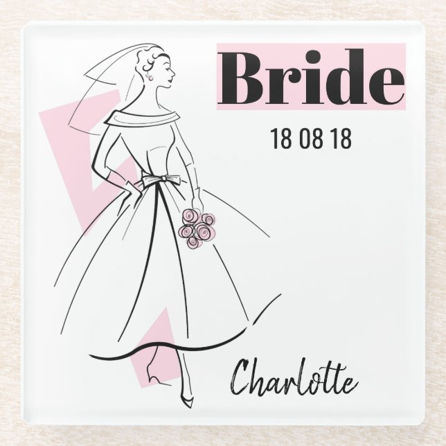 Fashion Bride Pink Bride Date Name coaster glass (Front)