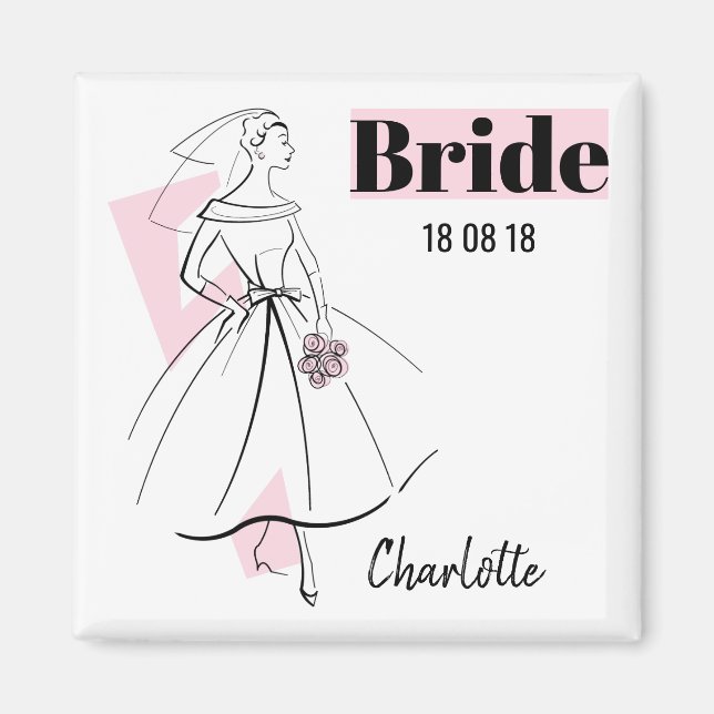 Fashion Bride Pink Bride Date Name magnet square (Front)