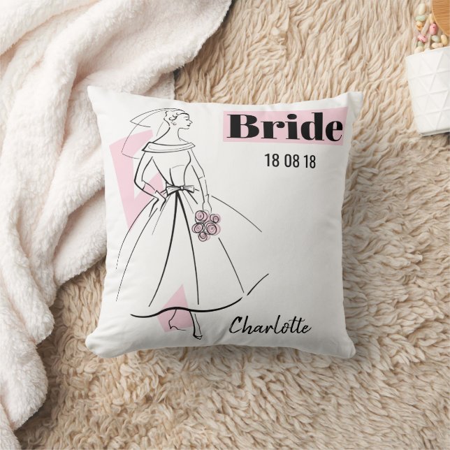 Fashion Bride Pink Bride Date Name pink back Cushion (Blanket)