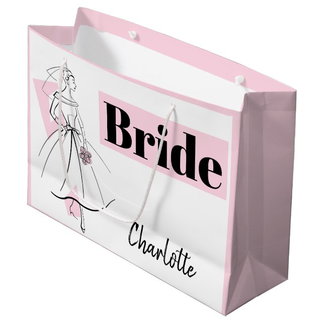 Fashion Bride Pink Bride Name gift bag large pink (Front Angled)
