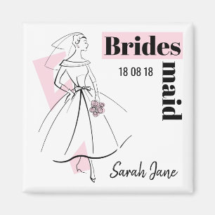 Fashion Bride Pink Bridesmaid Date Name square Magnet