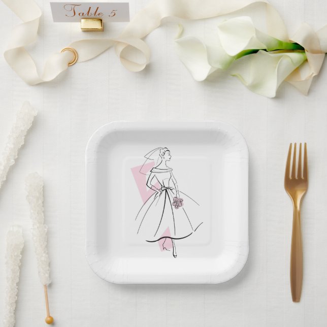 Fashion Bride Pink square Paper Plate (Wedding)