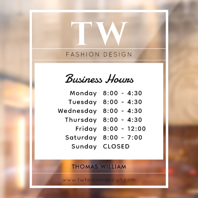 Fashion Business Hours White Semi-transparent  Window Cling (Sheet 2)