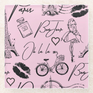 Fashion, calligraphy, Eiffel Tower, lips Glass Coaster