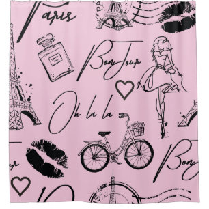 Fashion, calligraphy, Eiffel Tower, lips Shower Curtain
