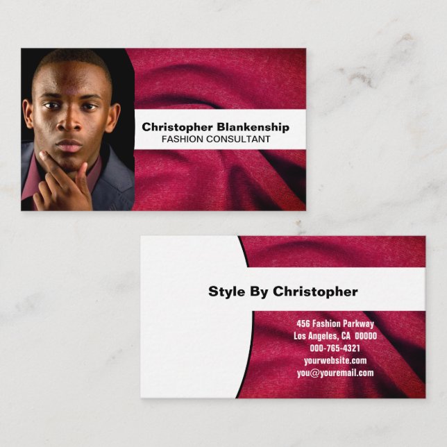 Fashion Consultant Burgundy Fabric Custom Photo Business Card (Front/Back)