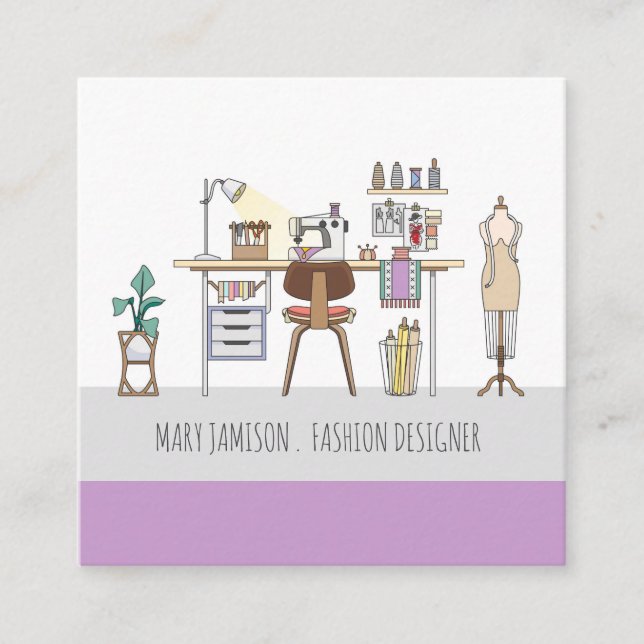 Fashion Design Studio And Tools Square Business Card (Front)