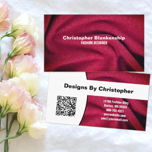 Fashion Designer Burgundy Fabric Texture QR Code Business Card