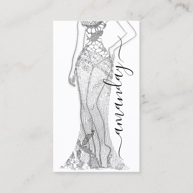 Fashion Designer Dress Logo QR Code Silver Lace  Business Card (Front)