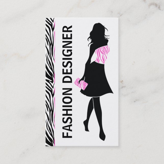 Fashion designer girl black white pink zebra print business card (Front)