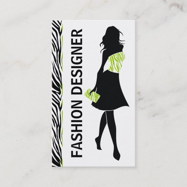 Fashion designer girl lime green white zebra print business card (Front)