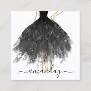 Fashion Designer Glitter Dress Logo QR Black Gold Square Business Card